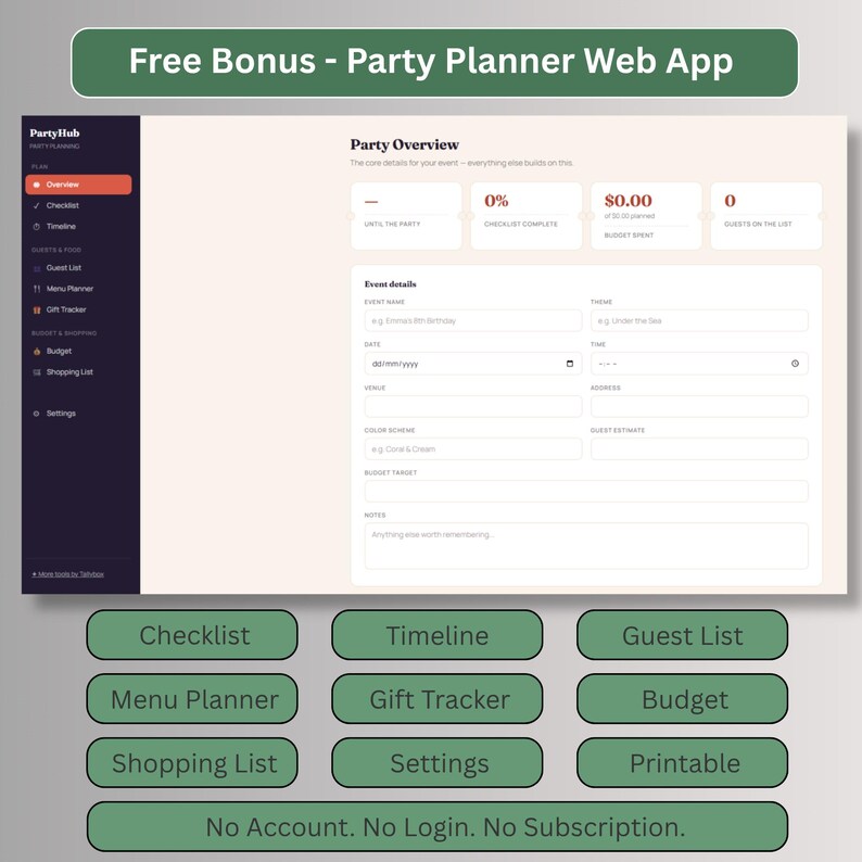 Free bonus party planner web app with checklist, timeline, guest list, menu planner, gift tracker, budget and shopping list, no account needed