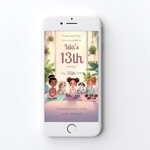 Editable puppy yoga birthday invitation displayed on a phone screen featuring three girls meditating with two fluffy dogs in a soft pastel room, customizable Canva template