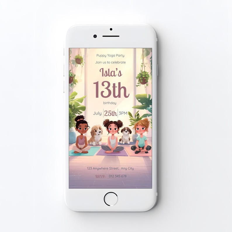 Editable puppy yoga birthday invitation displayed on a phone screen featuring three girls meditating with two fluffy dogs in a soft pastel room, customizable Canva template