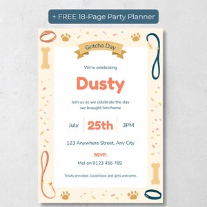 Dog Gotcha Day Invitation with Free 18-Page Party Planner Bonus, Editable Canva Template