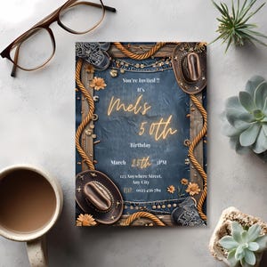 Rustic Western Chic Denim And Diamonds Invitation, Editable Birthday Party Invite, Canva Template, Cowboy Rodeo Theme