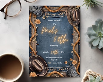Rustic Western Chic Denim And Diamonds Invitation, Editable Birthday Party Invite, Canva Template, Cowboy Rodeo Theme