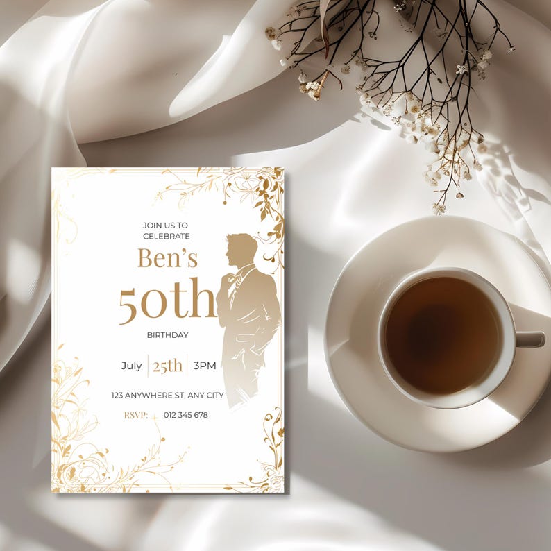 Masculine elegant birthday invitation with gold floral details, large white text area, and male silhouette in suit.