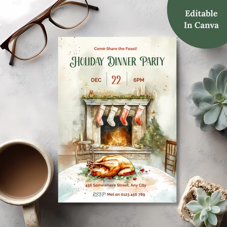 Watercolor fireplace invitation customized to read Holiday Dinner Party, showing every word can be edited in Canva