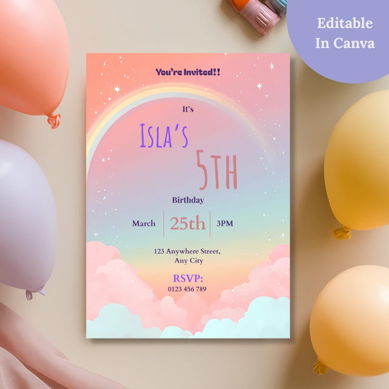 Editable in Canva rainbow birthday invitation template, pastel rainbow design