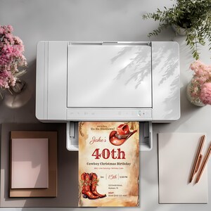 Cowboy Christmas birthday invitation printing at home on a desktop printer, a printable 5x7 western birthday invite