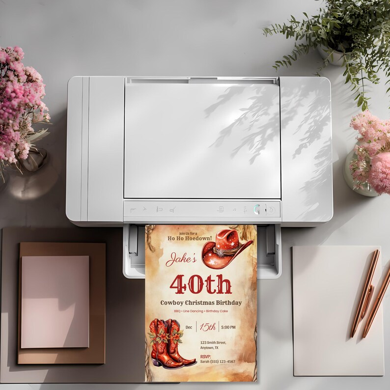 Cowboy Christmas birthday invitation printing at home on a desktop printer, a printable 5x7 western birthday invite
