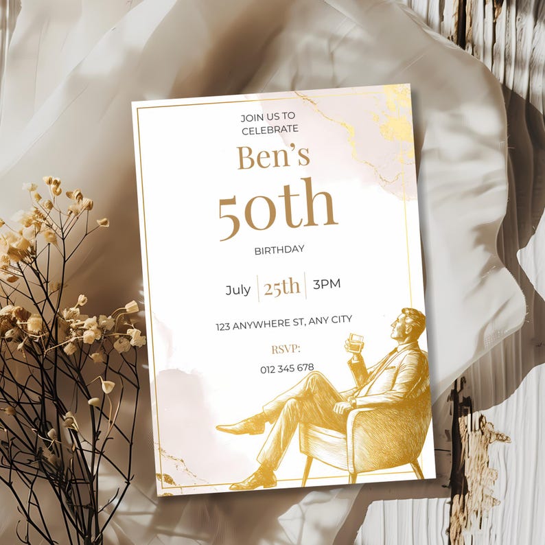 Luxury mens birthday invitation template with minimalist gold illustration and elegant clean layout, ideal for milestone birthday celebrations