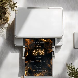 Printable black and gold formal 18th birthday invitation shown as high resolution 5x7 card