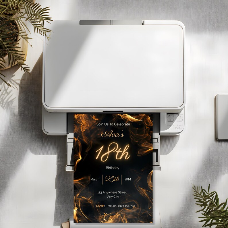 Printable black and gold formal 18th birthday invitation shown as high resolution 5x7 card