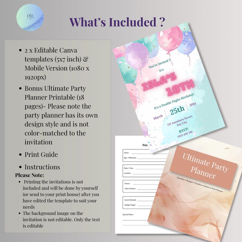 10th birthday invitation template includes 5x7 print, mobile invite, and free 18 page party planner bonus