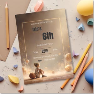 Basketball birthday party invitation template with warm golden sports theme and modern framed layout