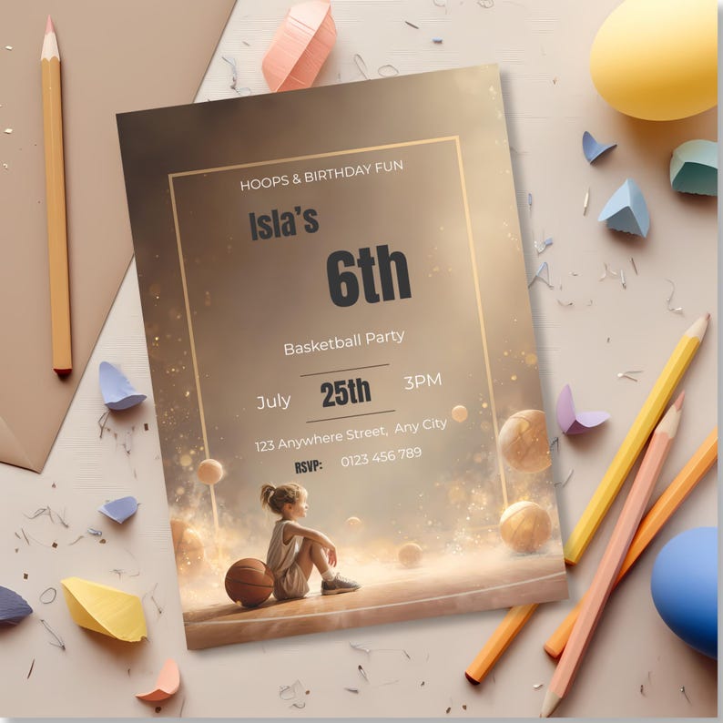 Basketball birthday party invitation template with warm golden sports theme and modern framed layout