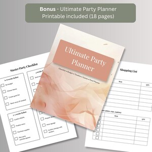 Bonus 18-page printable party planner cover shown alongside a master checklist page and a shopping list page