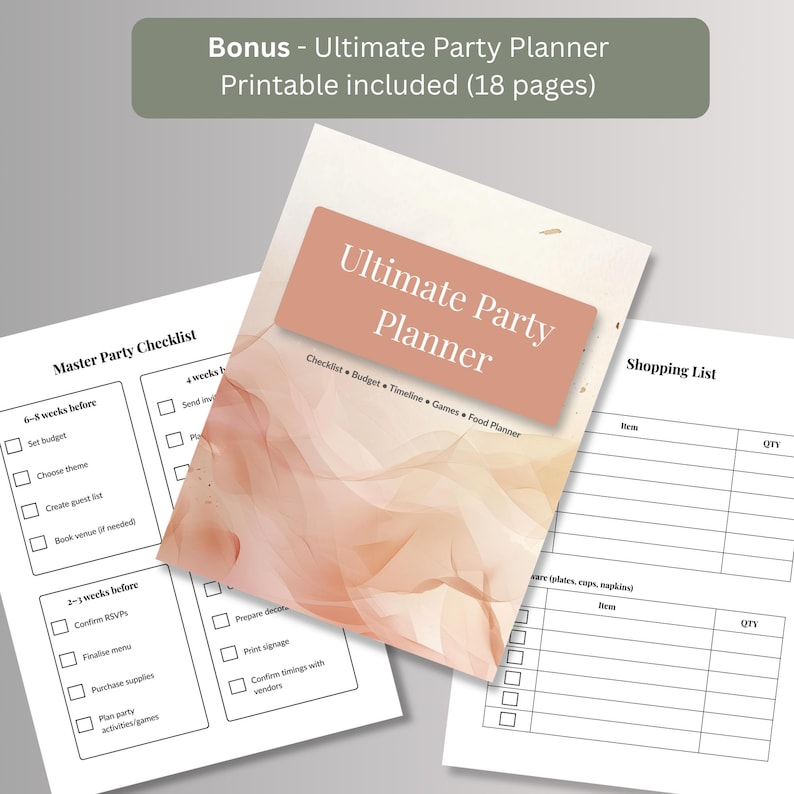 Bonus 18-page printable party planner cover shown alongside a master checklist page and a shopping list page