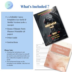 What's included — gothic Halloween party invitation, 5x7 and mobile Canva templates, free 18-page party planner printable, print guide