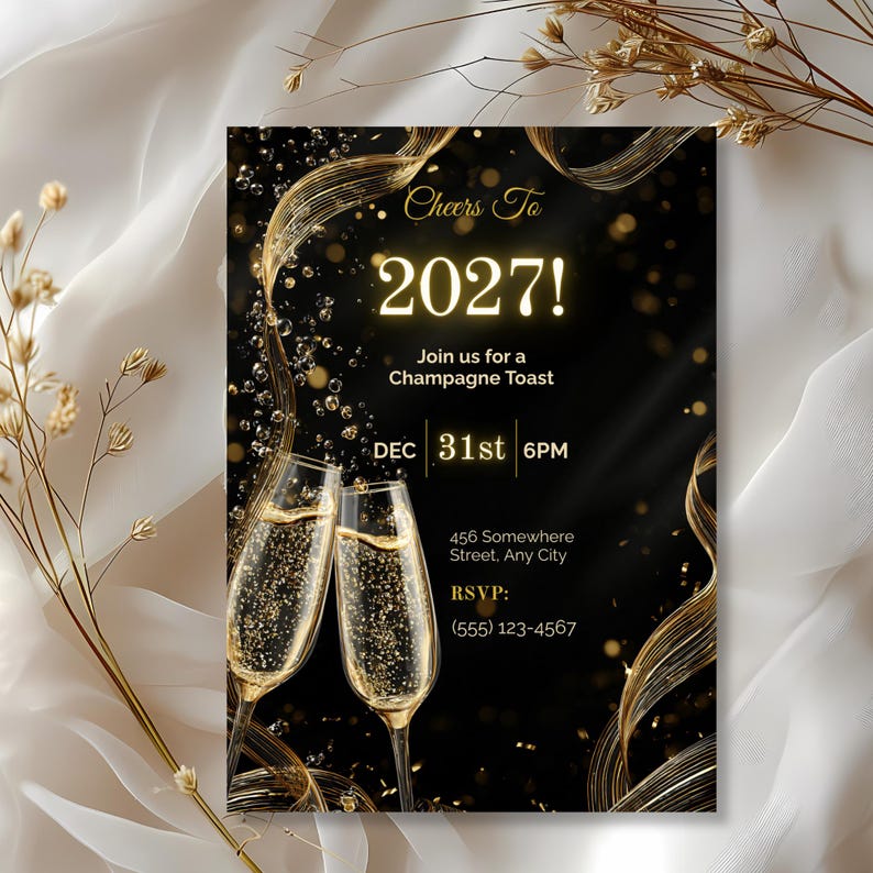 Elegant Cheers To 2027 champagne toast invitation on ivory satin with dried gold florals