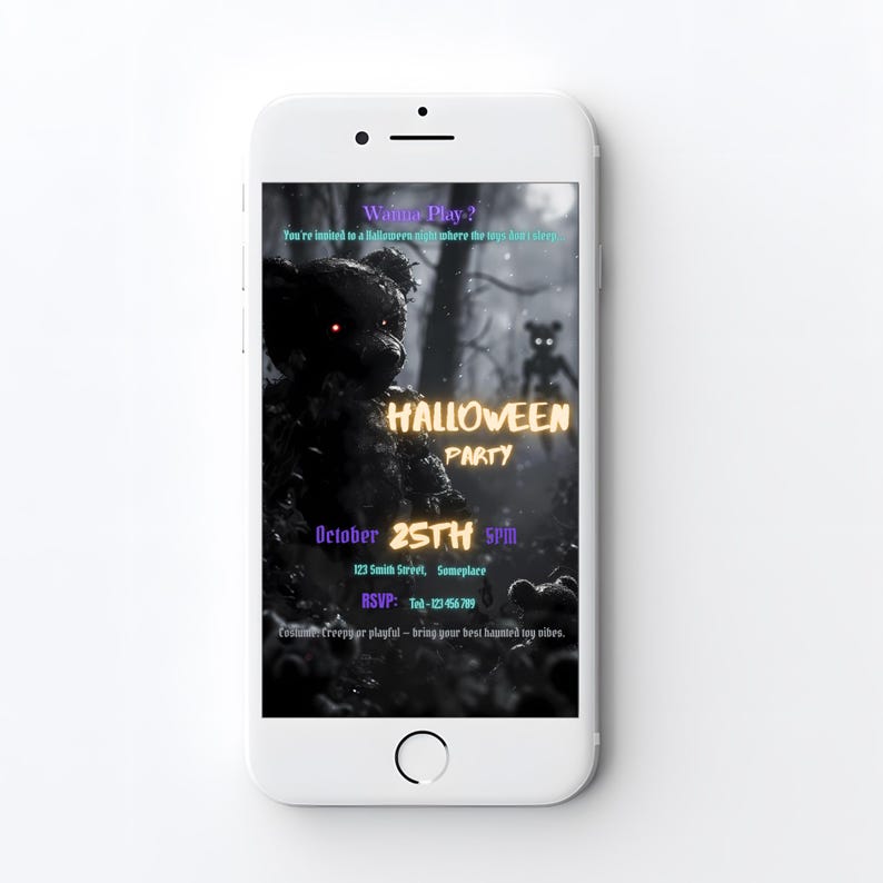 Haunted toy Halloween party invitation displayed on mobile phone — 1080x1920px digital version for sending via text or Instagram