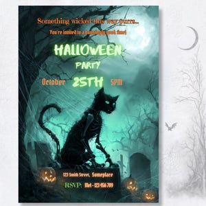 Printable Halloween party invitation with horror zombie cat design, shown as styled 5x7 inch print, editable in free Canva, instant digital download
