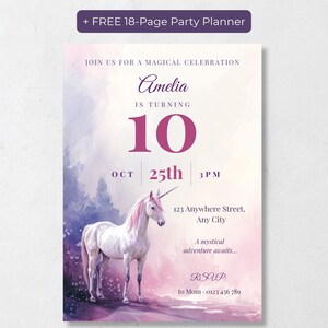 Editable unicorn birthday invitation with a watercolor white unicorn in a purple and pink misty forest, reading Amelia is turning 10, with a free 18-page party planner bonus banner