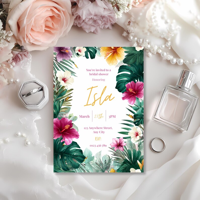 Editable tropical bridal shower invitation with hibiscus flowers and palm leaf border, 5x7 Canva template with white centre space