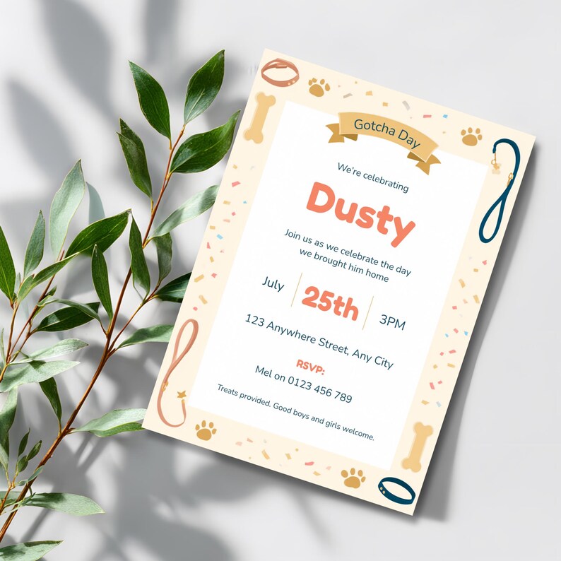 Dog Gotcha Day invitation with envelope, ready to mail printed party invite