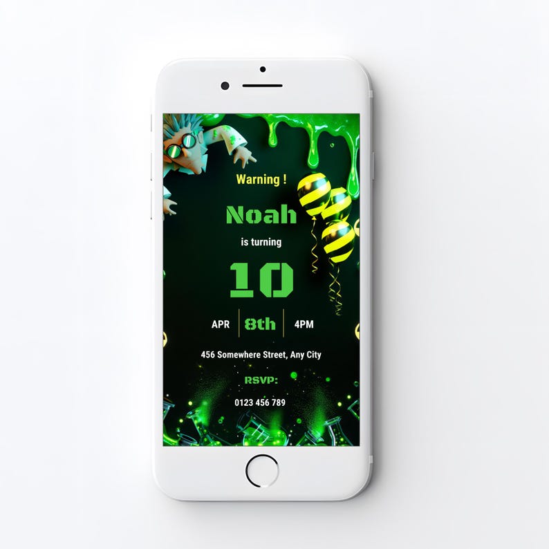 Mobile phone displaying a radioactive mad scientist birthday invitation Canva template with glowing slime and neon laboratory theme