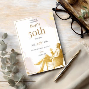 Luxury mens birthday invitation template with minimalist gold illustration and elegant clean layout, ideal for milestone birthday celebrations