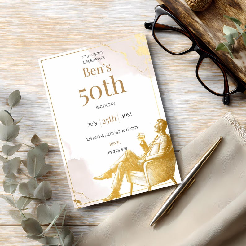 Luxury mens birthday invitation template with minimalist gold illustration and elegant clean layout, ideal for milestone birthday celebrations