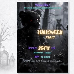 Gothic Halloween party invitation flat lay — haunted toy horror design with creepy bear and foggy dark forest, editable Canva template