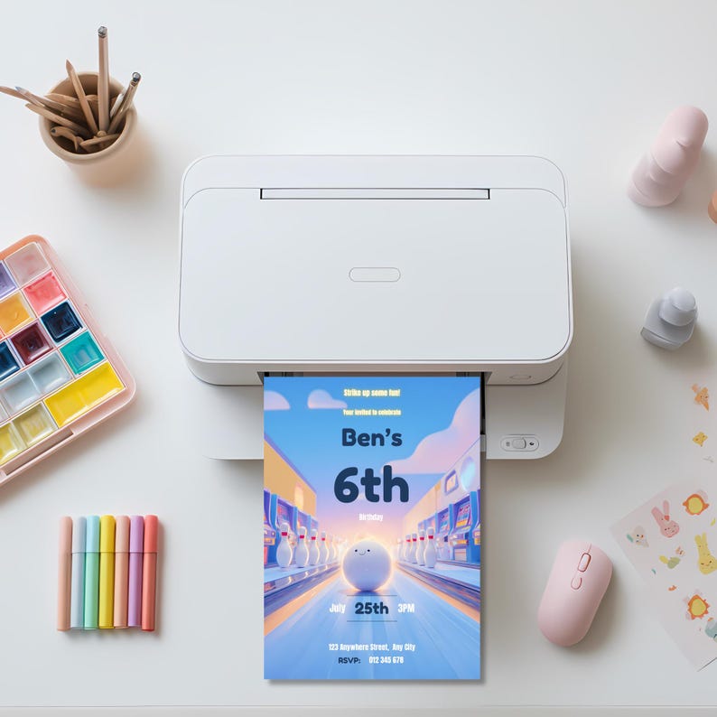 Printable bowling and arcade birthday invitation freshly printed, perfect for boys 6th birthday party