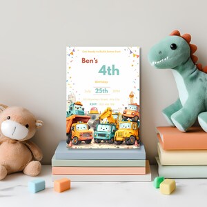 Cartoon construction trucks birthday invite with bulldozer, crane, and confetti, designed for editable Canva template.
