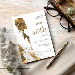 Digital mens birthday invitation template with elegant gold male silhouette designed for sending online