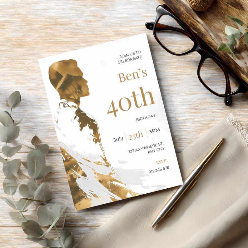 Digital mens birthday invitation template with elegant gold male silhouette designed for sending online