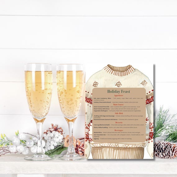 Christmas party menu template displayed beside two glasses of champagne for a festive holiday table setting