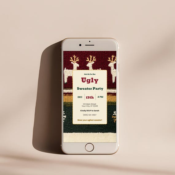 Mobile version of an ugly sweater party invitation on a phone screen
