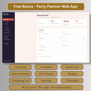 Free bonus party planner web app with checklist, timeline, guest list, menu planner, gift tracker, budget and shopping list, no account needed