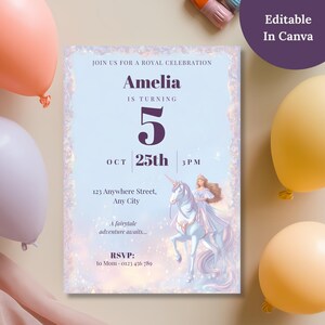 Printable princess birthday invitation on a table surrounded by pastel balloons, with an Editable in Canva badge