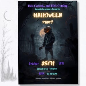 Dark horror-themed Halloween party invite Canva template, glowing jack-o-lantern pumpkin head slasher design, editable digital download for adults