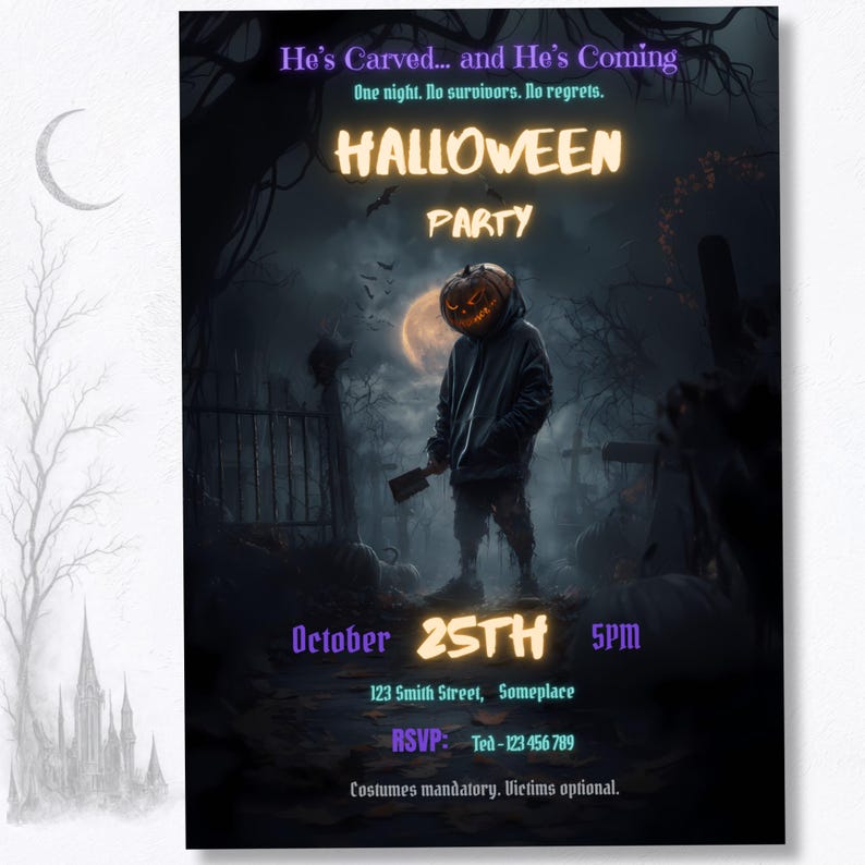 Dark horror-themed Halloween party invite Canva template, glowing jack-o-lantern pumpkin head slasher design, editable digital download for adults