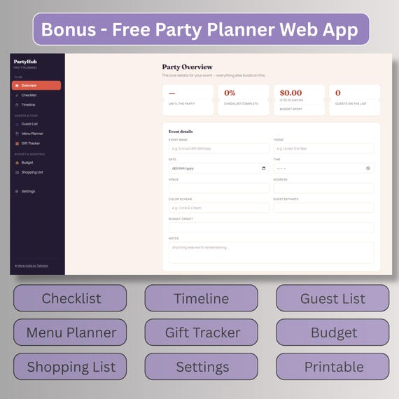 Free bonus digital party planner web app dashboard with checklist, budget, guest list, and timeline tools