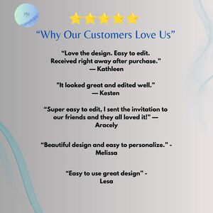 Five star customer reviews for Halloween party invitation Canva template, customers praise easy editing, great design, and instant download