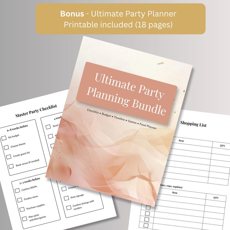 Free bonus 18-page party planner printable PDF including pages such as party checklist, guest list tracker, budget tracker, food and drinks planner, shopping list, timeline schedule, and decoration planning sheets designed for birthday party organisation.
