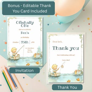 Matching Ofishally One birthday invitation and thank you card set, editable Canva template with soft neutral fishing theme design