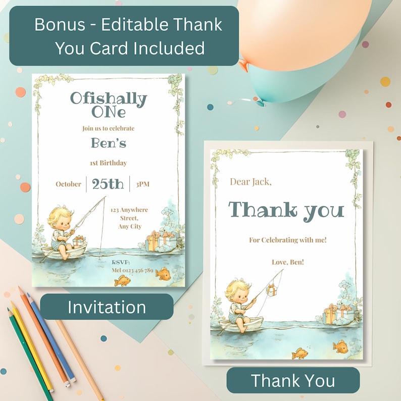 Matching Ofishally One birthday invitation and thank you card set, editable Canva template with soft neutral fishing theme design