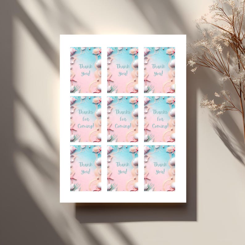 May include: A sheet of nine square cards with a beach theme. Each card has a blue and pink watercolor background with seashells and starfish. The text "Thank you!" and "Thanks for Coming!" is printed on the cards.