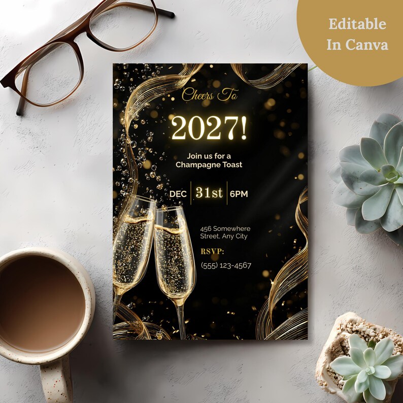 Editable Canva New Years Eve invitation with clinking champagne glasses and gold ribbons on a desk with glasses, coffee and succulents