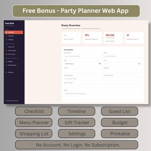 Free bonus party planner web app with checklist, timeline, guest list, menu planner, gift tracker, budget and shopping list, no account needed