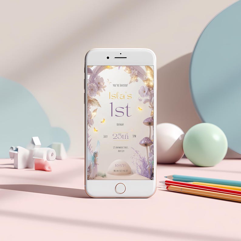 Fairy first birthday mobile invitation displayed on smartphone screen showing purple lavender enchanted mushroom fairy design 1080x1920 digital invite for sharing via text or WhatsApp
