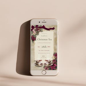 Mobile and Story version of the Ladies Christmas Tea invitation shown on a smartphone for texting or sharing